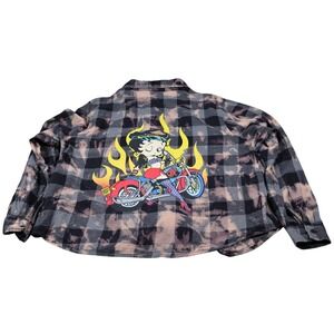 Betty Boop Shirt Womens XL Multicolor Plaid Button Up Flannel Biker Graphic